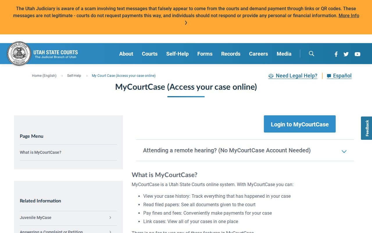 Utah MyCourtCase party account information for Wayne County court users