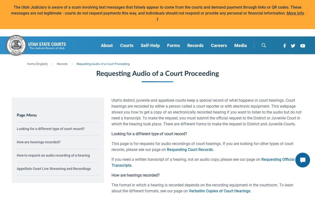 Utah Courts transcript and audio options for Wayne County District Court